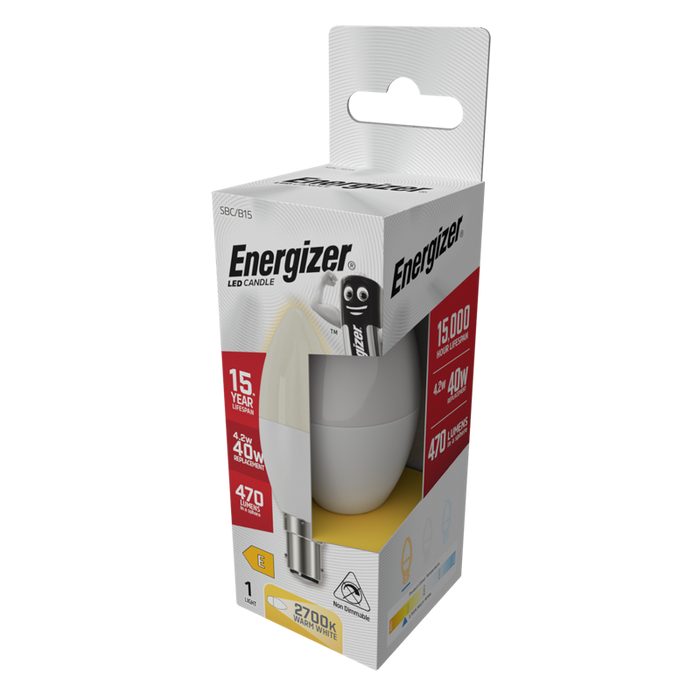Energizer S8878 4.2W 470lm B15 SBC Candle LED Bulb Opal Warm White 2700K - westbasedirect.com