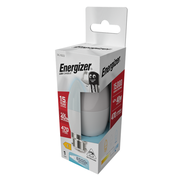 Energizer S9416 4.9W 470lm B22 BC Candle LED Bulb Opal Daylight 6500K