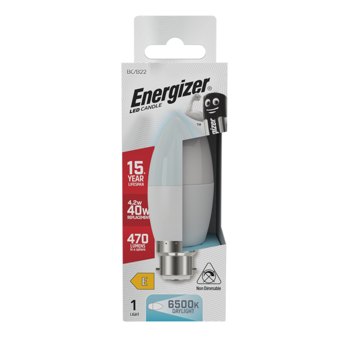 Energizer S9416 4.9W 470lm B22 BC Candle LED Bulb Opal Daylight 6500K