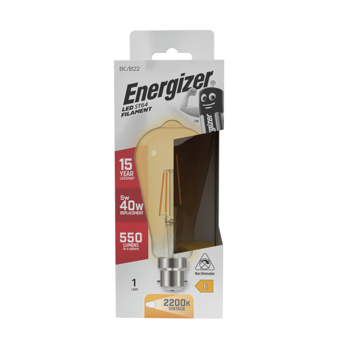 Energizer S9432 5W 470lm B22 BC ST64 Filament Gold LED Bulb Warm White 2700K - westbasedirect.com