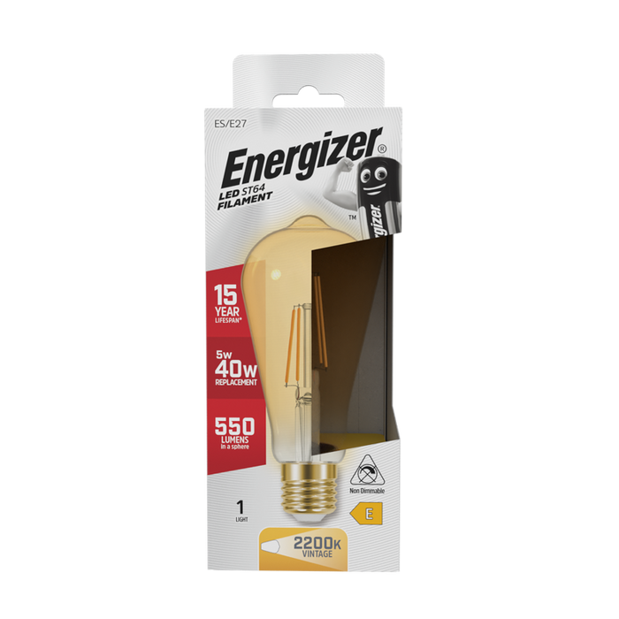 Energizer S9433 5W 550lm E27 ES ST64 Filament Gold LED Bulb Warm White 2200K - westbasedirect.com
