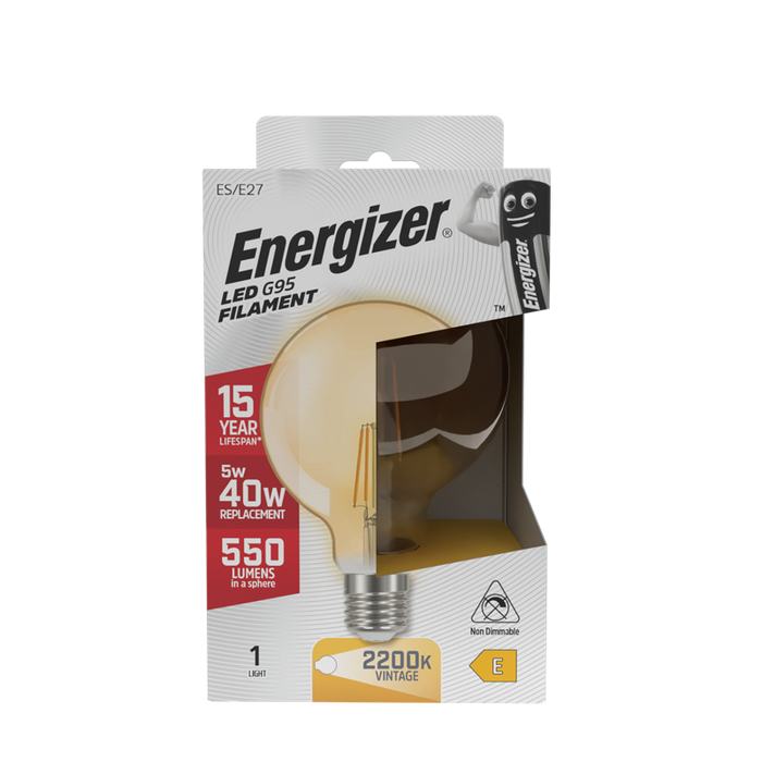 Energizer S9434 5W 550lm E27 ES G95 Filament Gold LED Bulb Warm White 2700K - westbasedirect.com