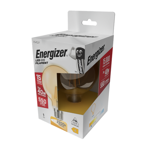 Energizer S9434 5W 550lm E27 ES G95 Filament Gold LED Bulb Warm White 2700K - westbasedirect.com