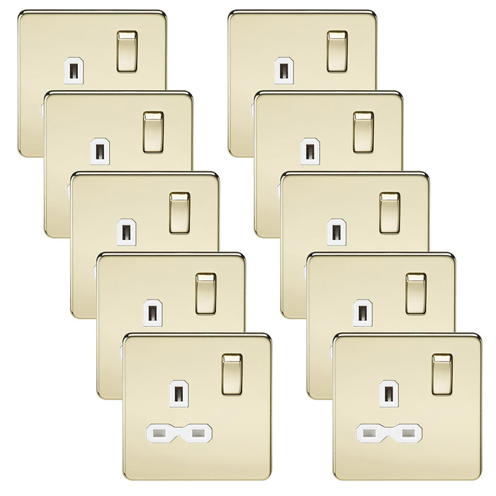 Knightsbridge SFR7000PBWx10 Screwless 13A 1G DP Switched Socket - Polished Brass + White Insert (10 Pack)