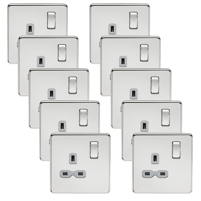 Knightsbridge SFR7000PCGx10 Screwless 13A 1G DP Switched Socket - Polished Chrome + Grey Insert (10 Pack)