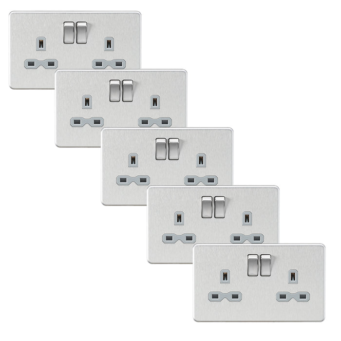 Knightsbridge SFR9000BCGx5 Screwless 13A 2G DP Switched Socket - Brushed Chrome + Grey Insert (5 Pack)
