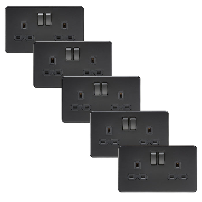 Knightsbridge SFR9000MBBx5 Screwless 13A 2G DP Switched Socket - Matt Black + Black Rocker (5 Pack)