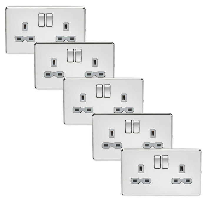 Knightsbridge SFR9000PCGx5 Screwless 13A 2G DP Switched Socket - Polished Chrome + Grey Insert (5 Pack)