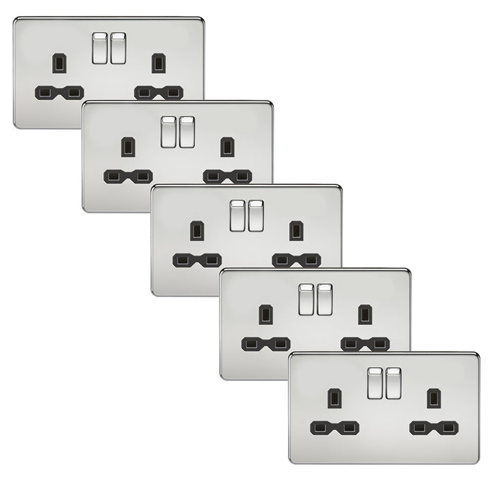 Knightsbridge SFR9000PCx5 Screwless 13A 2G DP Switched Socket - Polished Chrome + Black Insert (5 Pack)