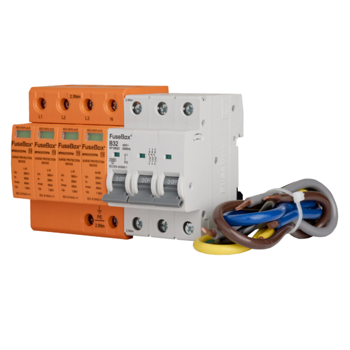 FuseBox SPDCUKITT2TPN TPN T2 Surge Protection Device Kit 3P+NPE with Cables+3P B32 MCB - westbasedirect.com