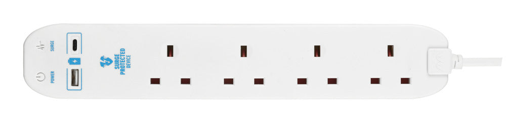 Masterplug SRGUAC104210N 4 Socket 2m 13A Surge Extension Lead + USB A+C White