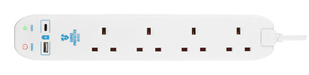 Masterplug SRGUAC104210N 4 Socket 2m 13A Surge Extension Lead + USB A+C White