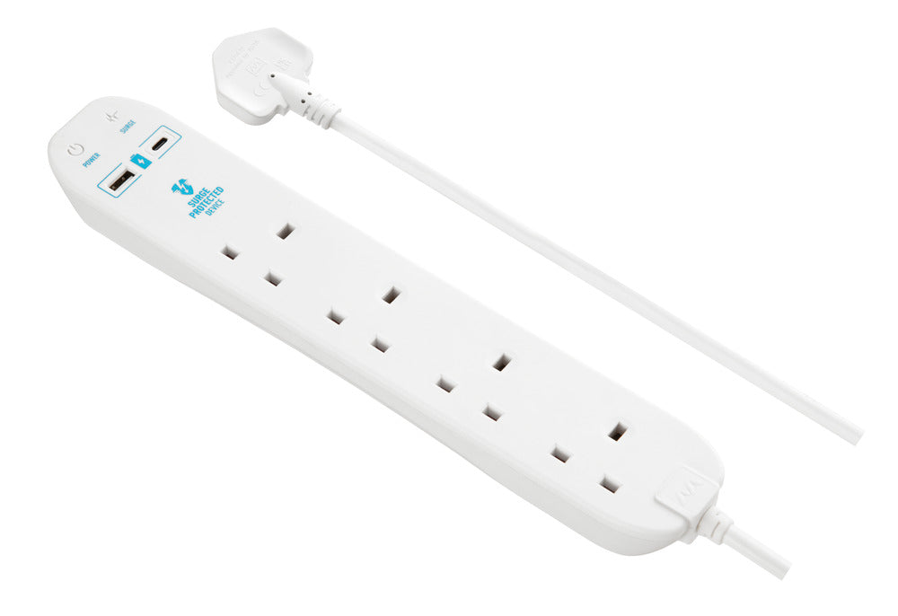 Masterplug SRGUAC104210N 4 Socket 2m 13A Surge Extension Lead + USB A+C White