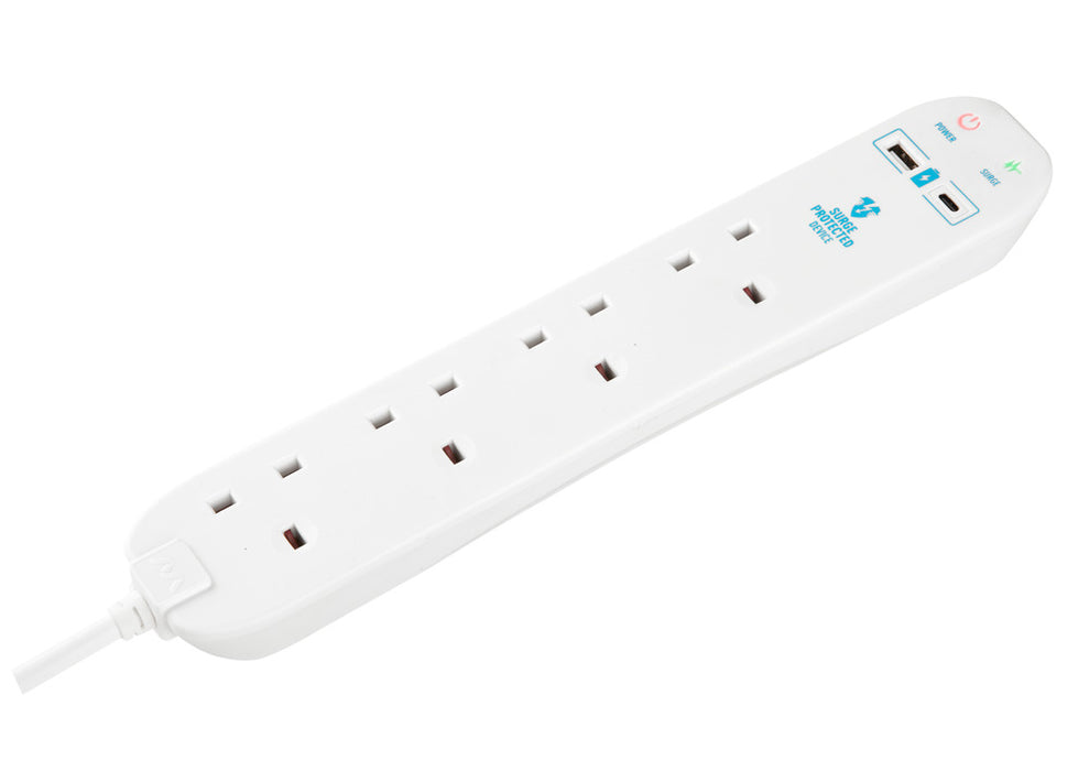 Masterplug SRGUAC104210N 4 Socket 2m 13A Surge Extension Lead + USB A+C White