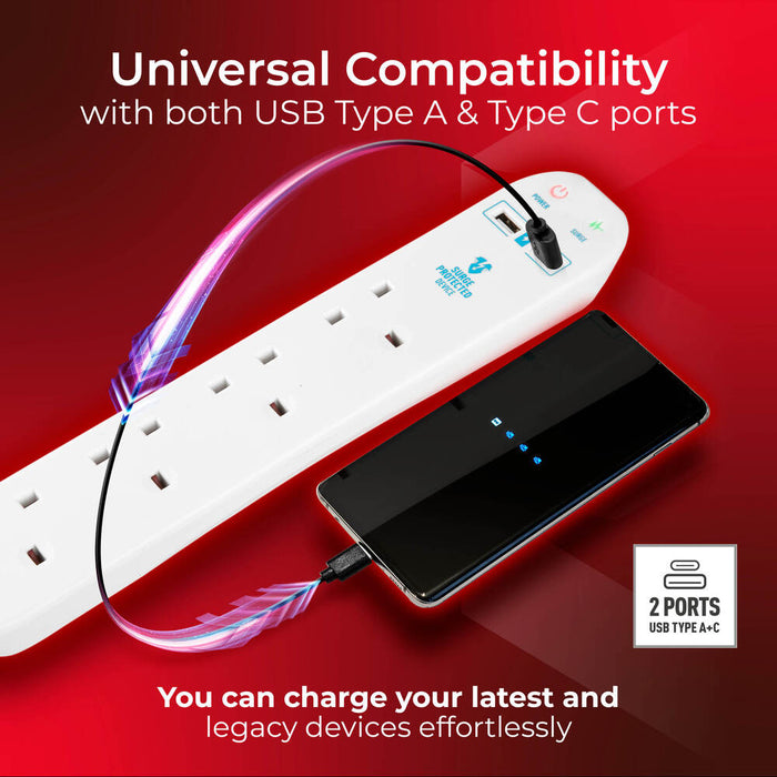 Masterplug SRGUAC104210N 4 Socket 2m 13A Surge Extension Lead + USB A+C White