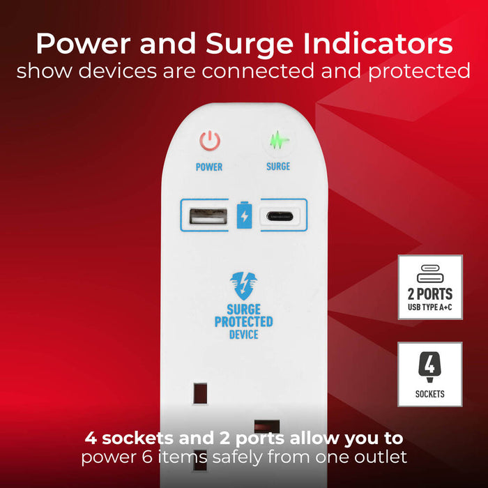 Masterplug SRGUAC104210N 4 Socket 2m 13A Surge Extension Lead + USB A+C White