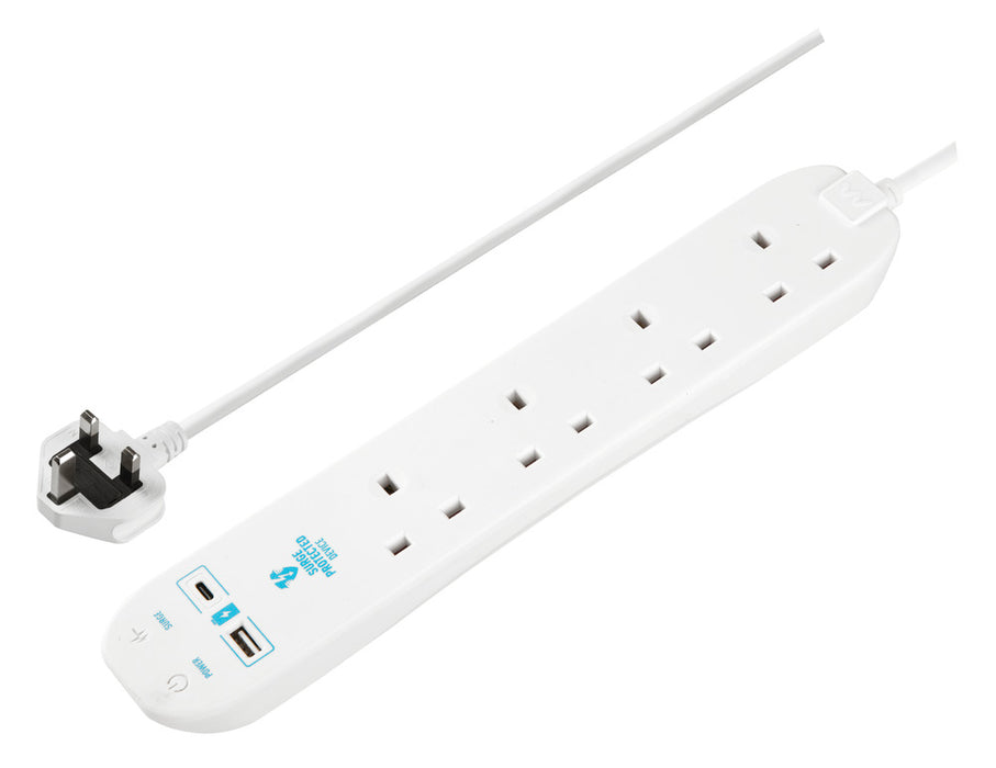 Masterplug SRGUAC1044N 4 Socket 4m 13A Surge Extension Lead + USB A+C White