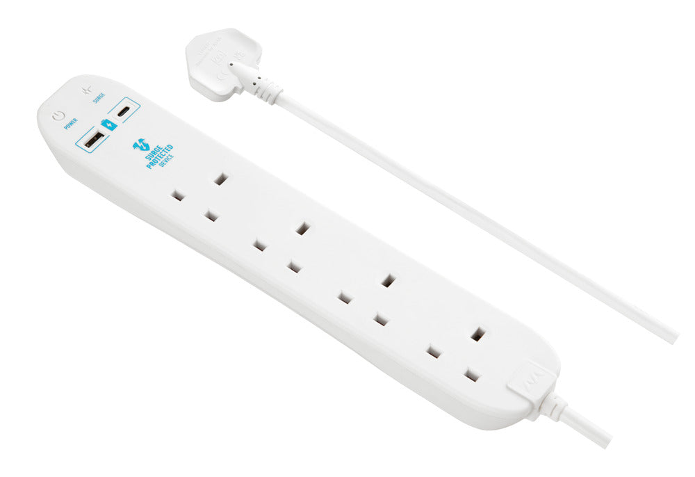 Masterplug SRGUAC1044N 4 Socket 4m 13A Surge Extension Lead + USB A+C White