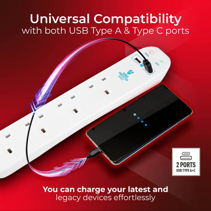 Masterplug SRGUAC1044N 4 Socket 4m 13A Surge Extension Lead + USB A+C White