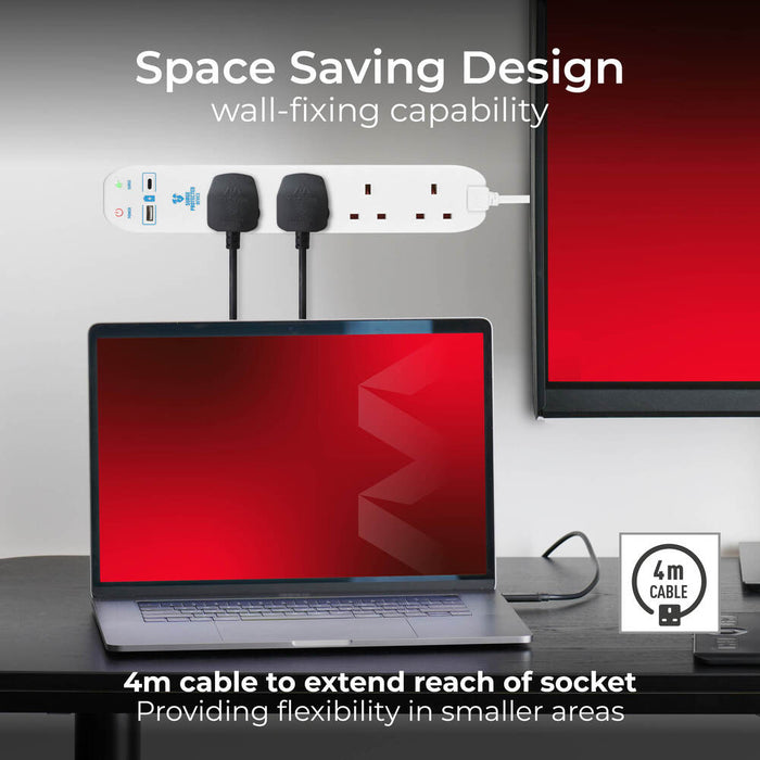Masterplug SRGUAC1044N 4 Socket 4m 13A Surge Extension Lead + USB A+C White