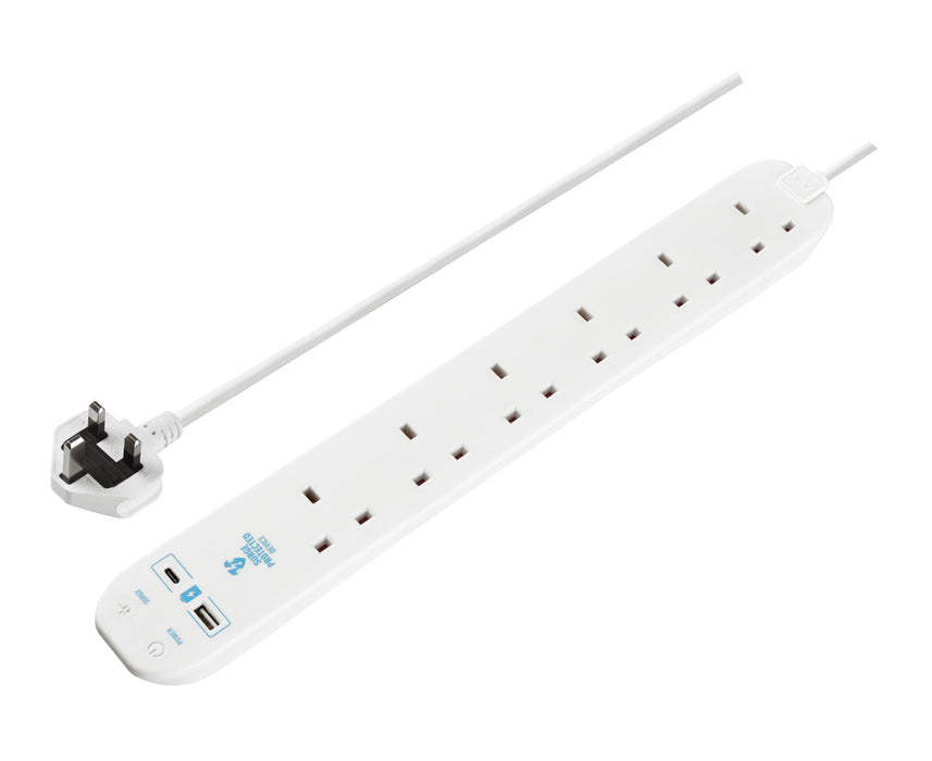 Masterplug SRGUAC106210N 6 Socket 2m 13A Surge Extension Lead + USB A+C White