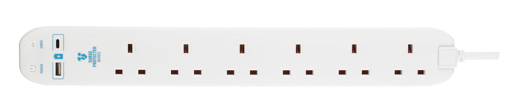 Masterplug SRGUAC106210N 6 Socket 2m 13A Surge Extension Lead + USB A+C White