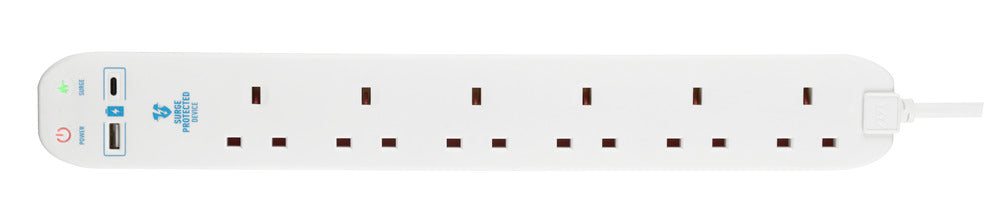 Masterplug SRGUAC106210N 6 Socket 2m 13A Surge Extension Lead + USB A+C White