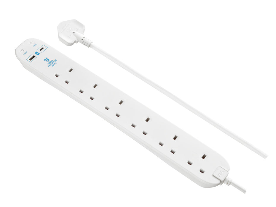 Masterplug SRGUAC106210N 6 Socket 2m 13A Surge Extension Lead + USB A+C White