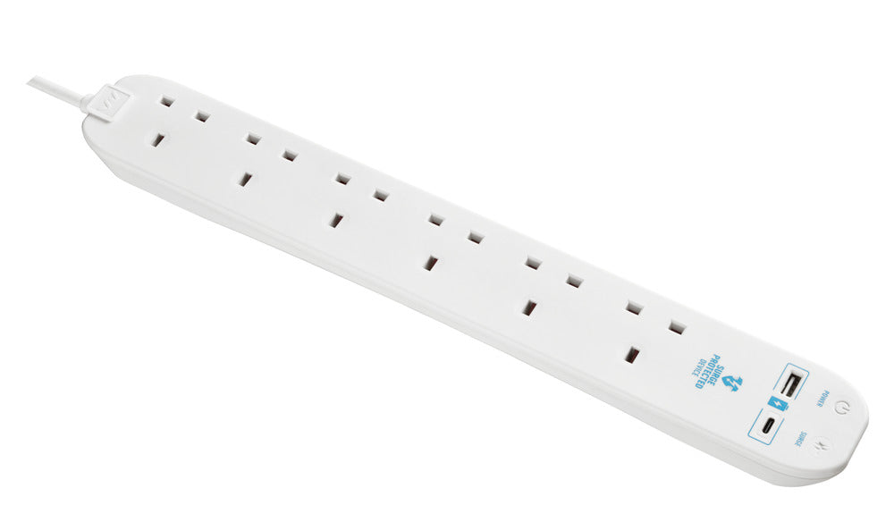 Masterplug SRGUAC106210N 6 Socket 2m 13A Surge Extension Lead + USB A+C White