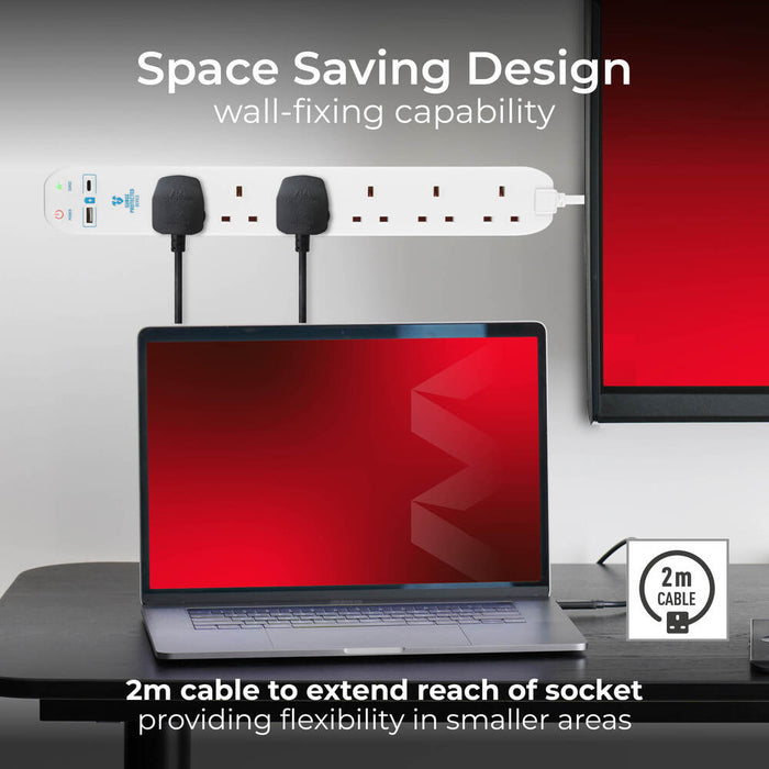 Masterplug SRGUAC106210N 6 Socket 2m 13A Surge Extension Lead + USB A+C White