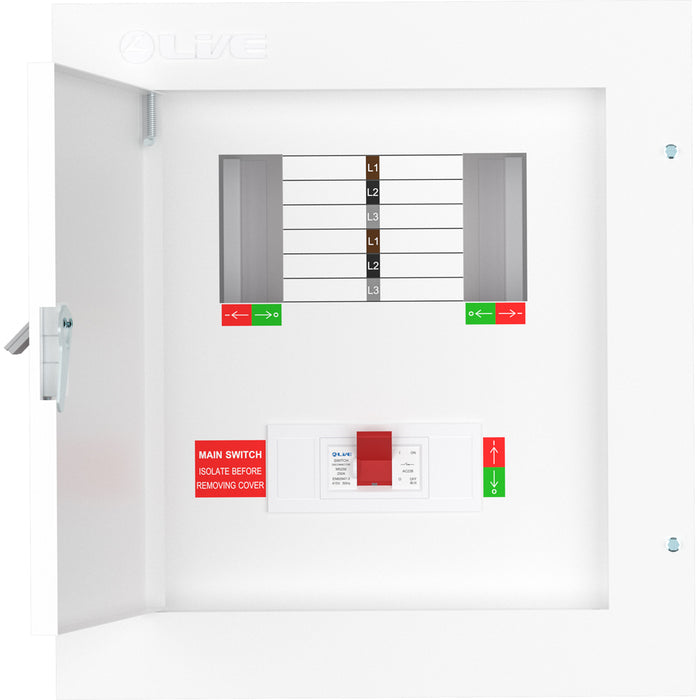 LIVE Electrical TPN04-250 4 Way TP&N Distribution Board with 3 Pole 250A Main Switch Incomer