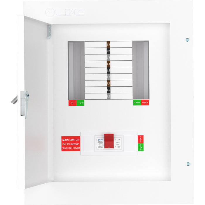 LIVE Electrical TPN06-250 6 Way TP&N Distribution Board with 3 Pole 250A Main Switch Incomer