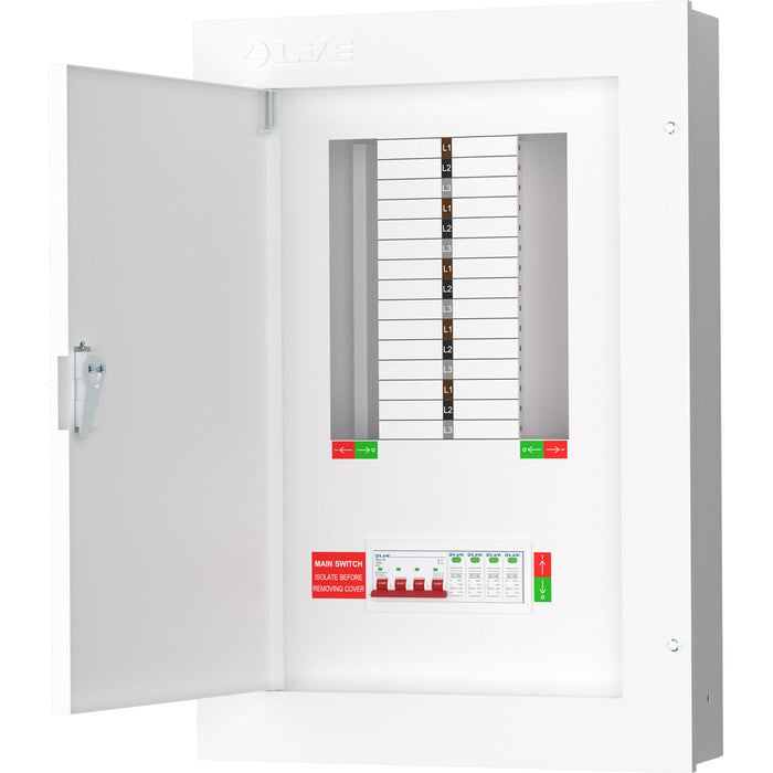 LIVE Electrical TPN10-125S TPN10-125S 10 Way TP&N Distribution Board with 4 Pole 125A Main Switch Incomer & 20/40kA DP SPD - westbasedirect.com