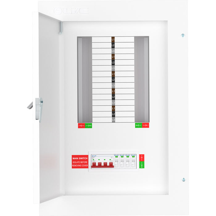 LIVE Electrical TPN10-125S TPN10-125S 10 Way TP&N Distribution Board with 4 Pole 125A Main Switch Incomer & 20/40kA DP SPD - westbasedirect.com