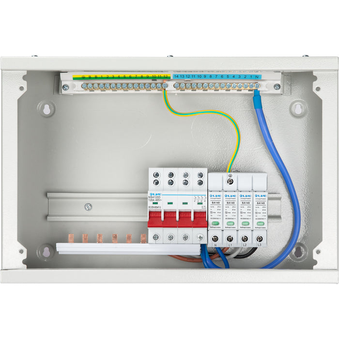 LIVE Electrical TPNH03-100S 3 Way Horizontal TPN Distribution Board c/w 100A 4P Switch Disconnector Incomer & 4P 20kA/40kA T2 SPD