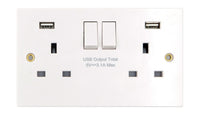 Deta Vimark VS1286 White Moulded Square Edge 13A 2 Gang Switched Socket SP with 2x Type-A USB Ports (3.1A)