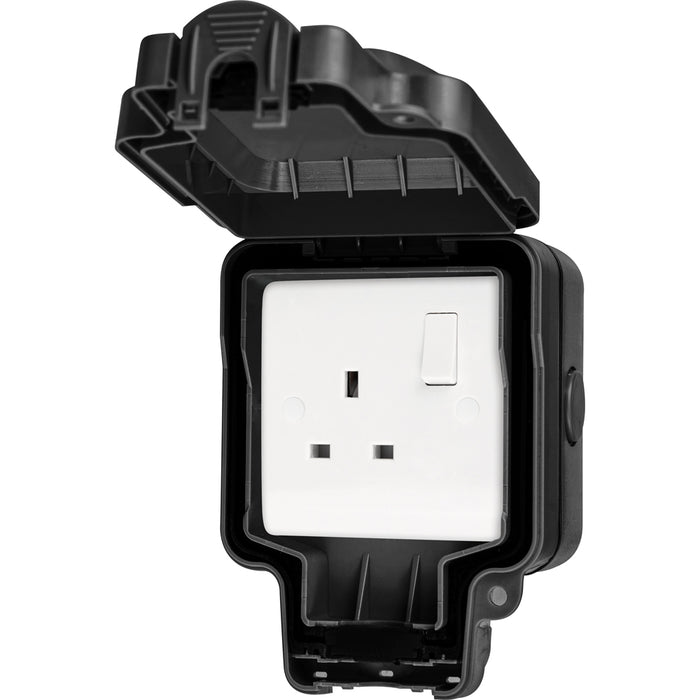 LIVE Electrical WJ1G2P-B Weatherproof IP66 1 Gang 13A Double Pole Switched Socket - Black