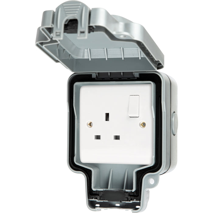 LIVE Electrical WJ1G2P-G Weatherproof IP66 1 Gang 13A Double Pole Switched Socket - Grey