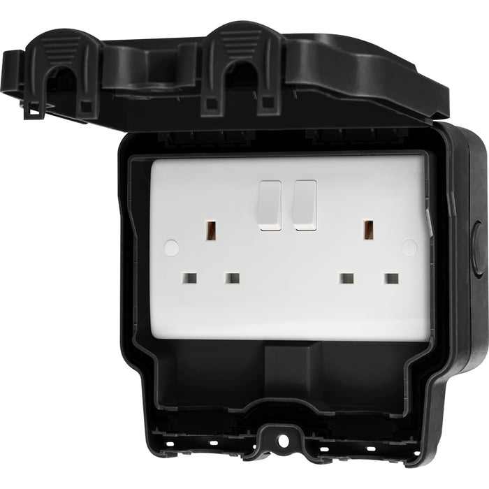 LIVE Electrical WJ2G2P-B Weatherproof IP66 2 Gang 13A Double Pole Switched Socket - Black