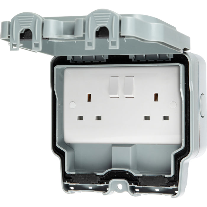 LIVE Electrical WJ2G2P-G Weatherproof IP66 2 Gang 13A Double Pole Switched Socket - Grey