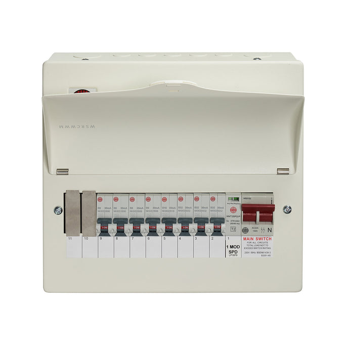 Wylex WNM2635L 10 Way Consumer Unit + 100A Main Switch with SPD & 8x Type A 30mA RCBOs