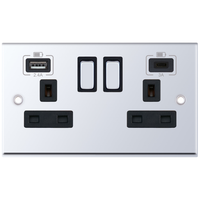 Selectric 7MPRO-563 7M-PRO 2 Gang 13A Switched Socket Outlet with 1x USB Type-A (2.4A) & 1x USB Type-C (3A) - Polished Chrome, Black Insert