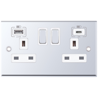 Selectric 7MPRO-363 7M-PRO 2 Gang 13A Switched Socket Outlet with 1x USB Type-A (2.4A) & 1x USB Type-C (3A) - Polished Chrome, White Insert