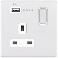 Selectric 5MPLUS-960 5M-PLUS Screwless 1 Gang 13A Switched Socket Outlet with 1x USB Type-A (2.1A) - Matt White, White Insert