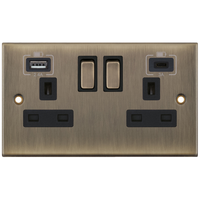 Selectric DSL663 5M 2 Gang 13A Switched Socket Outlet with 1x USB Type-A (2.4A) & 1x USB Type-C (3A) - Antique Brass, Black Insert