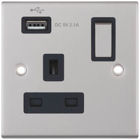 Selectric DSL260 5M 1 Gang 13A Switched Socket Outlet with 1x USB Type-A (2.1A) - Satin Chrome, Black Insert