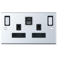 Selectric 7MPRO-586 7M-PRO 2 Gang 13A Switched SP Socket Outlet (Outboard Rockers) + 2 Earth Terminal with 1x USB Type-A (2.4A) & 1x USB Type-C (3A) - Polished Chrome, Black Insert