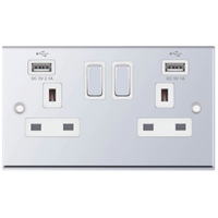 Selectric 7MPRO-361 7M-PRO 2 Gang 13A Switched Socket Outlet with 2x USB Type-A (2.1A/1A) - Polished Chrome, White Insert