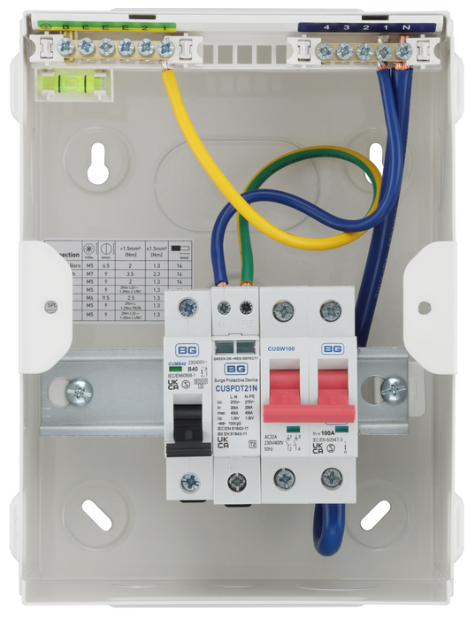 Sync Energy CFUEV6 5 Module IP20 Metal Metal EV Charger Circuit Protection with 100A Main Switch, 40A B Curve MCB & Type 2 SPD - westbasedirect.com