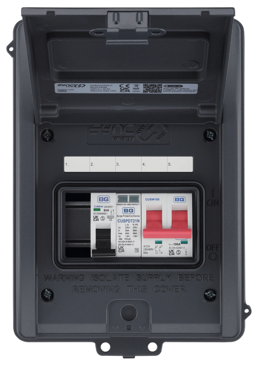 Sync Energy CFEV6 5 Module IP65 Weatherproof Grey Metal EV Charger Circuit Protection with 100A Main Switch, 40A B Curve MCB & Type 2 SPD - westbasedirect.com